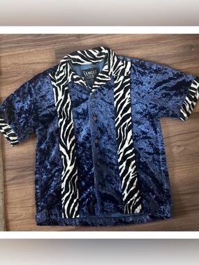 Samiah Designer Original Blue Crushed Velvet Button-Down with Zebra Trim